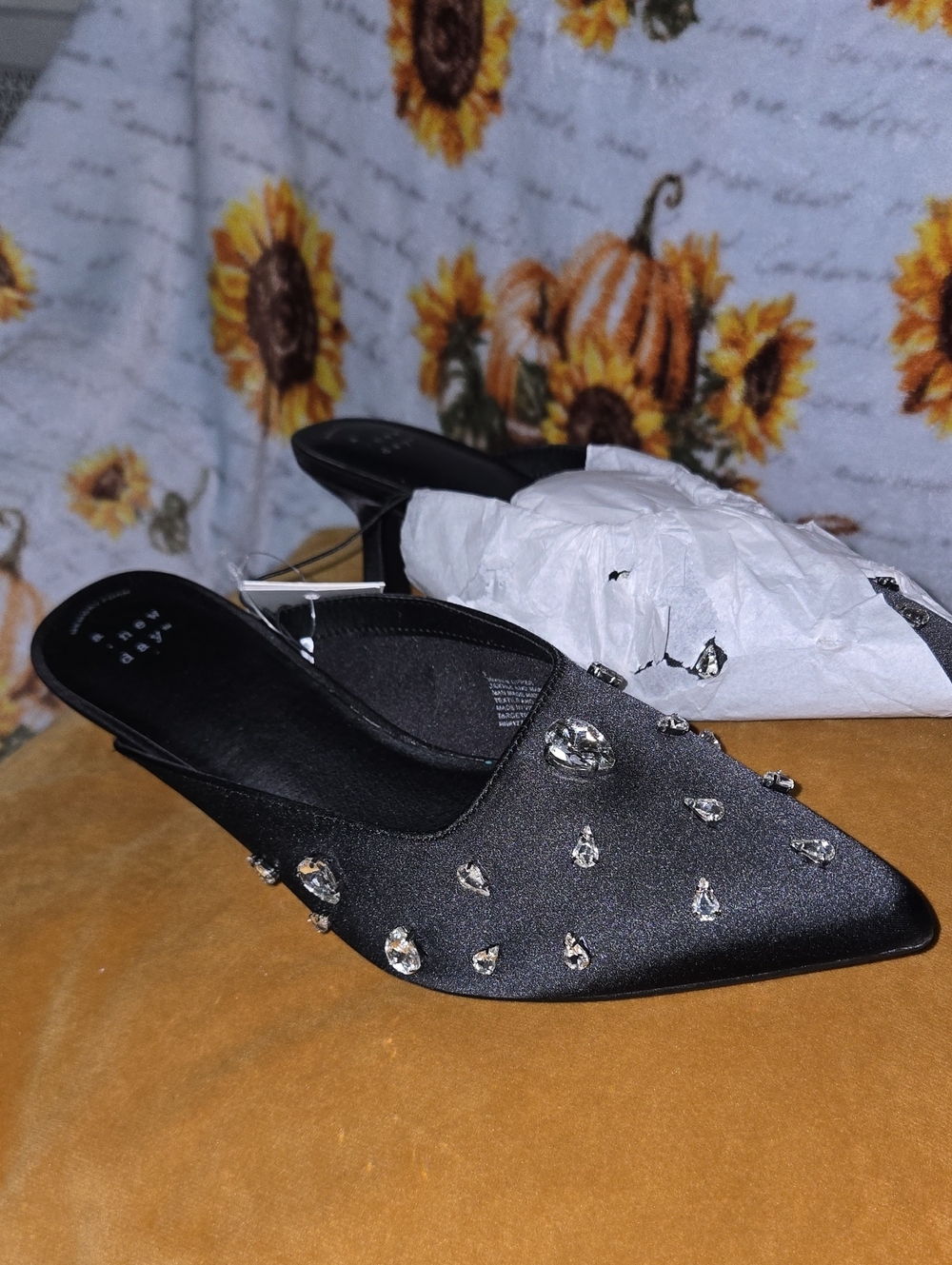 a new day Black Jeweled Pointed-Toe Slip-On Mules